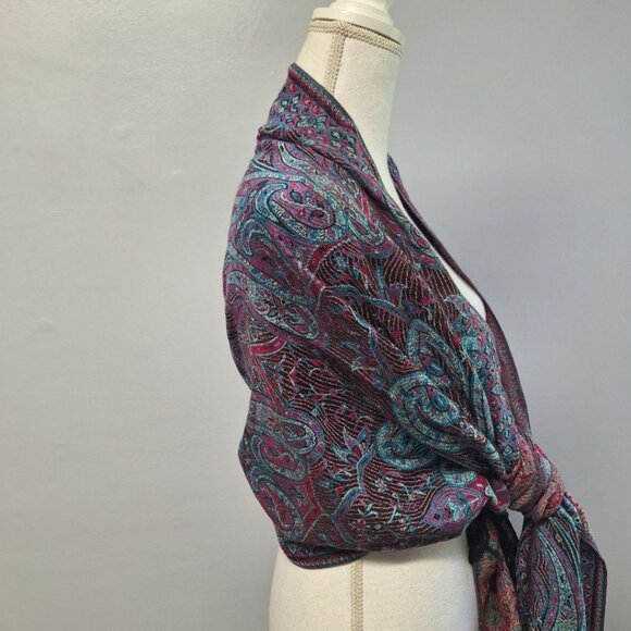Wrap Shawl Frings Boho Wide‎ Scarf Accessory Blue Purple Paisley Tribal - Picture 5 of 10